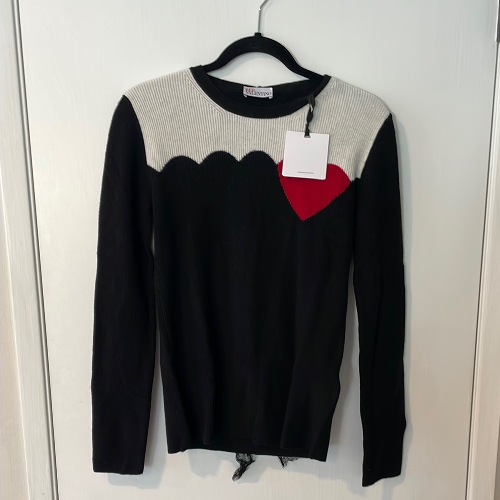 RED Valentino Black and White Fitted Long Sleeve Crew Neck